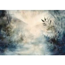 Fotobehang met een mystiek landschap gehuld in mist, met zachte silhouetten van bomen en heuvels.