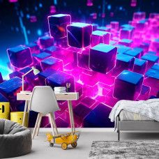Fotobehang met neonverlichte zwevende kubussen in een gamekamer, met een futuristische matrix-structuur in paars en blauw.