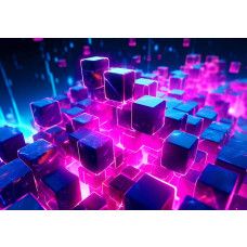 Fotobehang met een 3D-patroon van kubussen in een digitale ruimte, verlicht met felroze en blauwe neonaccenten.