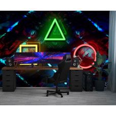 Fotobehang met PlayStation-iconen in neonlicht, toegepast in een moderne gamekamer met een energieke uitstraling.