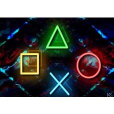 Fotobehang met felverlichte PlayStation-symbolen in neonkleuren op een donkere, futuristische achtergrond.