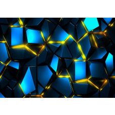 Fotobehang met blauwe fragmenten en fel oranje-geel neonlicht dat van achteren oplicht, in een futuristisch ontwerp.