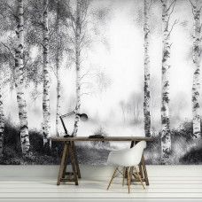 Fotobehang met een nevelig berkenbos in natuurlijke tinten in een stijlvolle werkkamer.