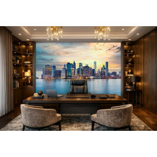 Fotobehang New York skyline bij zonsondergang in kantoor met stedelijke uitstraling en hoge gebouwen.