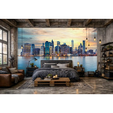 Fotobehang New York skyline bij zonsondergang in slaapkamer met wolkenkrabbers en zachte avondkleuren.
