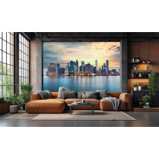 Fotobehang New York zonsondergang met skyline en waterreflectie toegepast in ruime woonkamer met stedelijke uitstraling.