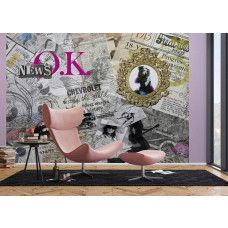 Een fotobehang met oude kranten in zwart-wit, dat een retro uitstraling toevoegt aan een woonkamer.