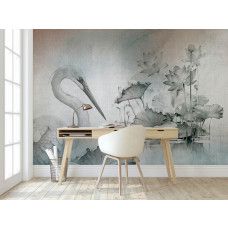 Fotobehang oosterse kraanvogel met lotus in een kantoor, verfijnd en inspirerend.