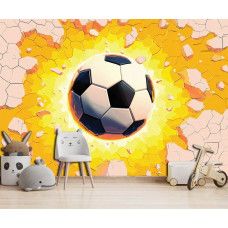 Fotobehang oranje voetbal explosie in een kinderkamer, waar het ontwerp de sportieve vibe versterkt.