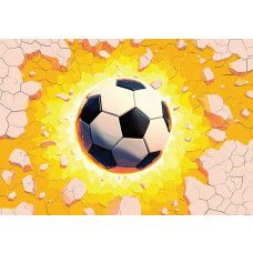 Fotobehang oranje voetbal explosie met stenen muur en felgekleurde lichtflitsen.