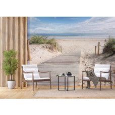 Een fotobehang met een schilderachtig houten pad naar het strand in een bedrijfsruimte, ideaal om een inspirerende en ontspannen werkomgeving te creëren.