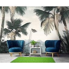 Fotobehang met palmbomen aan de kustlijn aan de muur van een frisse en zomerse woonkamer.