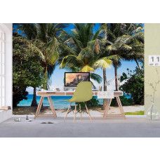 Een fotobehang van palmbomen langs de zee in een kantoor.