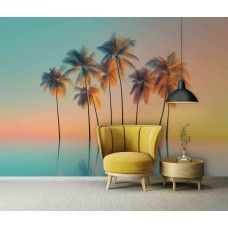 Fotobehang palmbomen op spiegelend water in woonkamer met zacht licht en tropische rust.