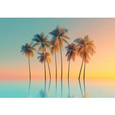 Fotobehang palmbomen op spiegelend water met pastelkleuren en tropische sfeer.