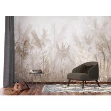 Een fotobehang met een pampasgras tuin in de woonkamer, waarbij de golvende pluimen en neutrale kleuren een rustgevende en stijlvolle sfeer creëren.