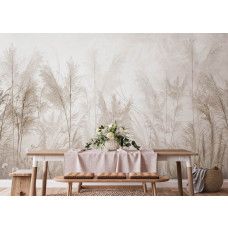 Een fotobehang met een pampasgras tuin in de keuken, waarbij de sierlijke beweging van de pluimen en de warme tinten een zachte en harmonieuze uitstraling geven.