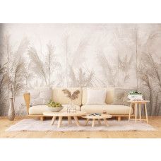 Een fotobehang met een pampasgras tuin in een ruime woonkamer, waarbij de zachte pluisjes en warme tinten een dromerig en sfeervol effect geven.