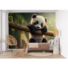 Fotobehang voor de kinderkamer met een schattige panda hangend aan een tak te midden van een bosrijke achtergrond.