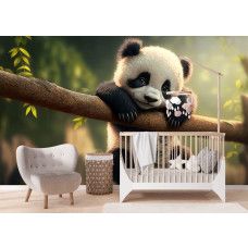 Een babykamer met een fotobehang met een panda.