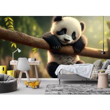 Schattig fotobehang voor kinderen, weergegeven in de kinderkamer met een panda hangend aan een tak te midden van een bosrijke achtergrond.