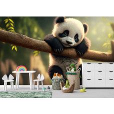 Schattig fotobehang voor de speelkamer met een panda hangend aan een tak te midden van een bosrijke achtergrond.