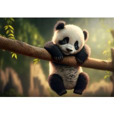Schattig fotobehang voor de kinderkamer met een panda hangend aan een tak te midden van een bosrijke achtergrond.