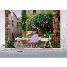 Een fotobehang van een patio tuin in Peratallada in een kantoor met Airtex en vliesbehang.