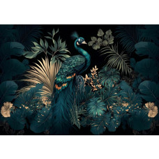Fotobehang Pauw in Mystieke Tropische Sfeer met een elegante pauw tussen diepgroene tropische bladeren en subtiele goudkleurige accenten tegen een donkere achtergrond.
