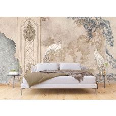 Een fotobehang van pauwen in rococo-stijl met barokke kunst in een slaapkamer.