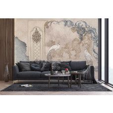 Een fotobehang van pauwen in rococo-stijl met barokke kunst in een woonkamer.