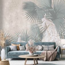 Een fotobehang van pauwen in een tropische oase met jungleplanten in een woonkamer met Airtex.