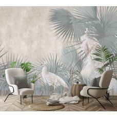 Een fotobehang van pauwen in een tropische oase met jungleplanten in een bedrijfsruimte.