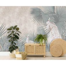 Een fotobehang van pauwen in een tropische oase met jungleplanten in een slaapkamer.
