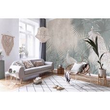 Een fotobehang van pauwen in een tropische oase met jungleplanten in een woonkamer.