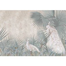 Een fotobehang van pauwen in een tropische oase met jungleplanten.