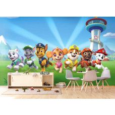 Een fotobehang met Paw Patrol rescue in de speelkamer, waarin de dappere pups en hun reddingsvoertuigen een speelse en spannende omgeving creëren.