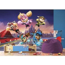 Een fotobehang met Paw Patrol superhelden in de jongenskamer, waarbij de stoere poses van de pups en levendige kleuren een actievolle en krachtige uitstraling geven.