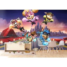Een fotobehang met Paw Patrol superhelden in de speelkamer, waarin de heldhaftige pups en dynamische achtergronden een avontuurlijke en inspirerende omgeving creëren.