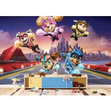 Een fotobehang met Paw Patrol superhelden in de kinderkamer, waarin de vrolijke kleuren en heldhaftige pups een speels en motiverend decor vormen.