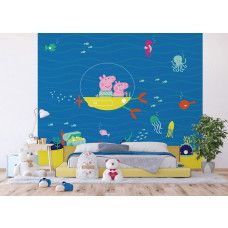 Een kinderkamer met een fotobehang met Peppa Pig en George die varen in hun onderzeeėr diep onder water, omringd door kleurrijke vissen en zeedieren.