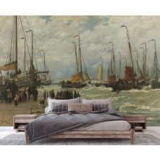 Een slaapkamer met fotobehang Pinken in de branding met een schilderij van Hendrik Willem Mesdag; vissersboten op het strand van Scheveningen, ankers in het zand en vrouwen die verse vis verhandelen.