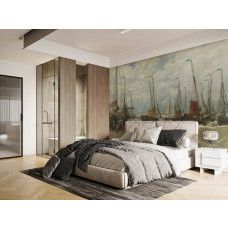 Fotobehang Pinken in de branding met een schilderij van Hendrik Willem Mesdag; vissersboten op het strand van Scheveningen, ankers in het zand en vrouwen die verse vis verhandelen, getoond in de slaapkamer.