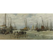Fotobehang Pinken in de branding met een schilderij van Hendrik Willem Mesdag; vissersboten op het strand van Scheveningen, ankers in het zand en vrouwen die verse vis verhandelen.