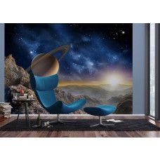 Een fotobehang van een planeet en sterren in de ruimte, het heelal met Jupiter in een woonkamer met Airtex.