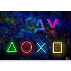 Fotobehang met het woord Play en neonverlichte PlayStation-symbolen op een blauw met zwarte achtergrond.