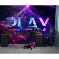 Fotobehang met paarse neonlichten en het woord Play, toegepast in een moderne gamekamer met sfeervolle verlichting.