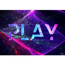 Fotobehang met het woord Play in grote letters, omringd door paarse neonkleuren en een futuristische gloed.