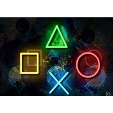 Fotobehang met neonverlichte PlayStation-symbolen in een ruitvorm op een donkere achtergrond.