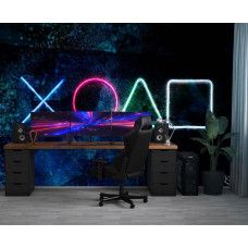 Fotobehang met lichtgevende PlayStation-iconen in neonstijl, toegepast in een moderne gamekamer met minimalistische uitstraling.